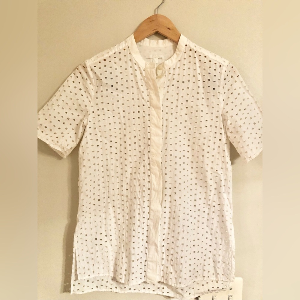 COS Cream Short Sleeve Eyelet Button Down Tunic Shirt Size 2 Collarless Cotton